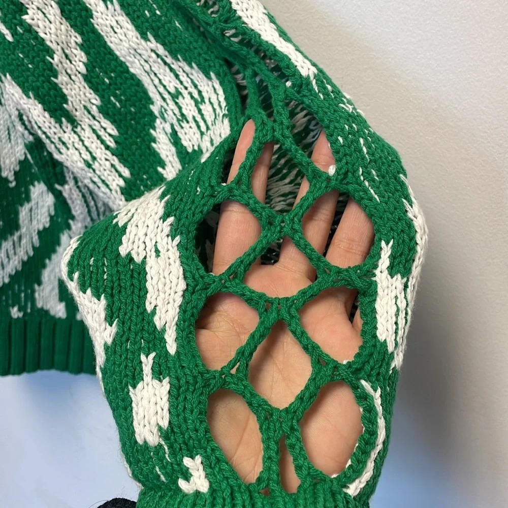 Anthropologie Green & White Openwork Geometric Cardigan - Picture 6 of 6